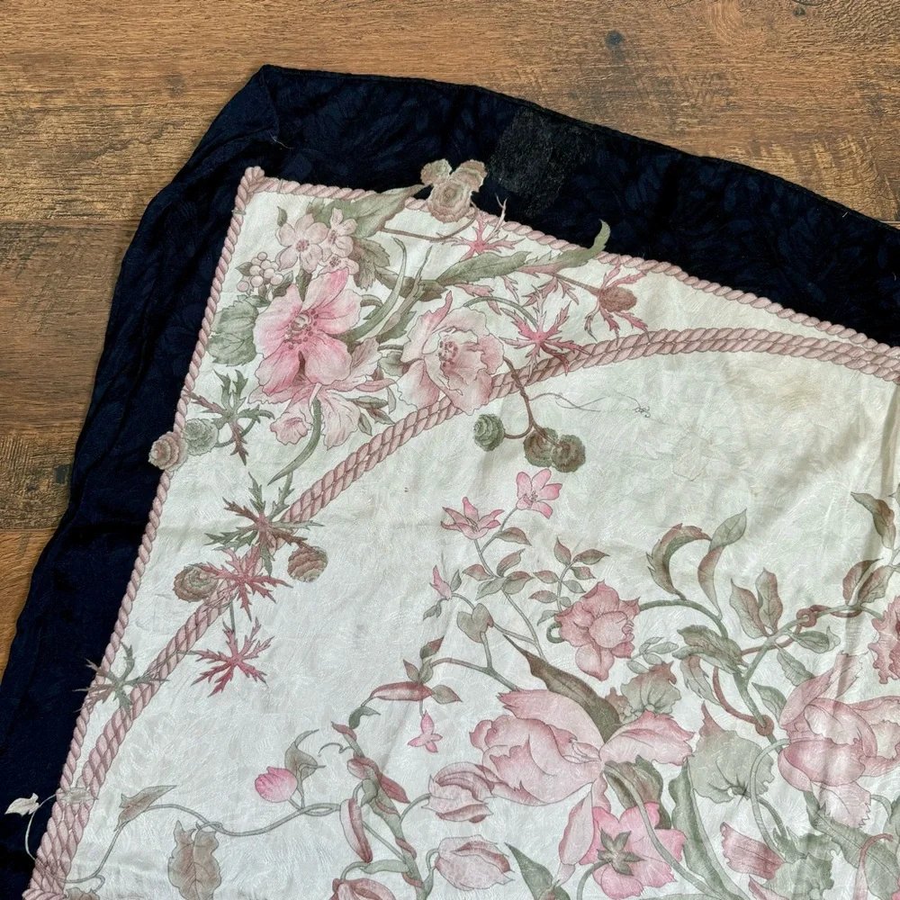 Hiroko for Dozo Cream / Pink Floral  Black Trim Silk Scarf